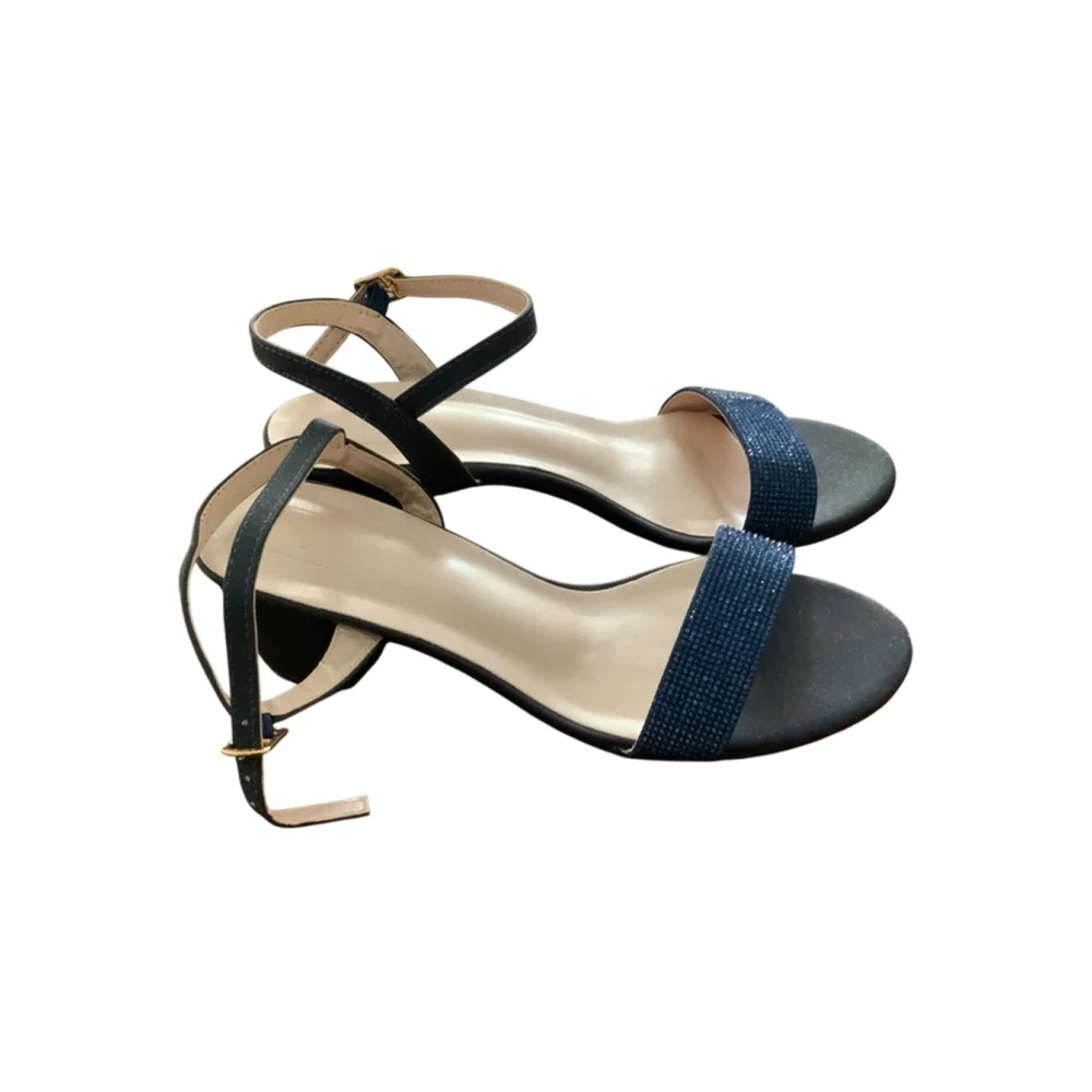 DB Studio Navy Glitter Block Heel Ankle Strap Sandals Size 6 - Picture 2 of 6
